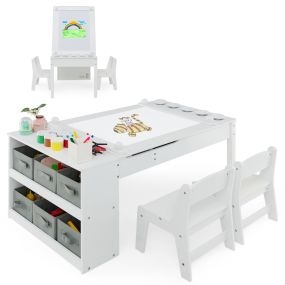 Juego de Mesa Elevable y 2 Silla de Arte para Niños Escritorio de Juego 2 en 1 con Rollo de Papel Vasos de Pintura 6 Contenedores Blanco