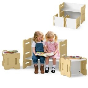 Juego de Mesa y Silla para Niños Set de 3 Piezas para Niños Pequeños con 2 Taburetes y Mesa de Actividades Esquina Redondeada Natural