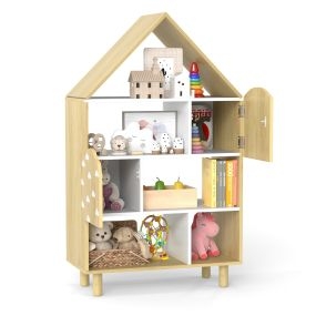 Estantería infantil con forma de casa, compartimentos abiertos, patas de madera de pino, natural 60 x 30 x 101 cm