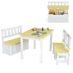 Set 4 Piezas Mesa y Sillas para Niños Juego Mesa Actividad de Madera 2 en 1 con 2 Sillas y 1 Banco para Jugar Dibujar Leer Comer Natural
