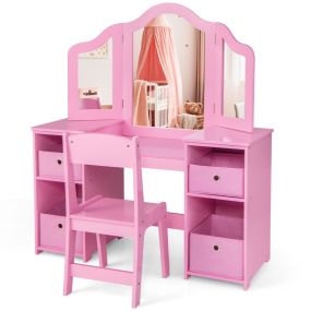 Juego 2 en 1 tocador y silla de maquillaje para niños 3+ años con 3 espejos y 4 contenedores rosa