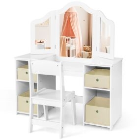 Juego 2 en 1 tocador y silla de maquillaje para niños 3+ años con 3 espejos y 4 contenedores blanco