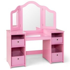 Tocador de maquillaje princesa para niños con 4 repisas y espejo de 3 paneles rosa 107 x 40 x 117 cm