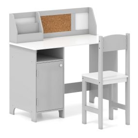 Conjunto de Mesa y Silla para Niños con Pizarra Marcador Estante Gabinete de Almacenamiento para Uso Escolar en Estación de Trabajo Gris