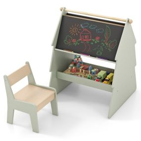 Caballete de Arte para Niños con Taburete Conjunto de Pizarra de Doble Lado con Portarrollos de Papel Estante Caballete de Pintura Verde