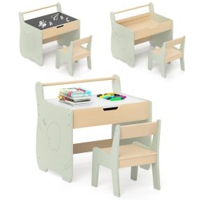 Juego de mesa y silla para niños de madera 2 en 1 con tablero desmontable verde