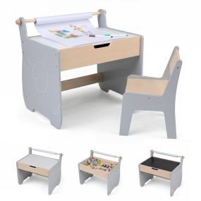 Juego de mesa y silla infantil de madera 2 en 1 con tablero desmontable y soporte gris