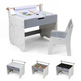 Juego de mesa y silla infantil de madera 2 en 1 con tablero desmontable gris y blanco