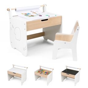 Juego de mesa y silla infantil de madera 2 en 1 con tablero desmontable y soporte blanco