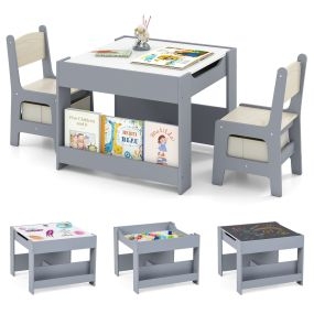 Juego de Mesa y Sillas Infantil para Niños de 3+ años 4 en 1 con Pizarra Almacenamiento Bordes Redondeados Pintura al Agua Gris Oscuro