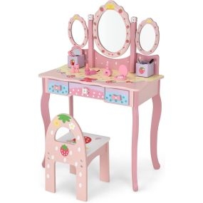 Juego de tocador para niños 2 en 1 con mesa, silla, espejo desmontable y cajones rosa