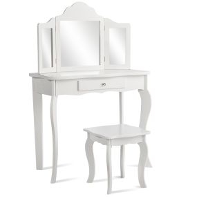 Set tocador para niños con taburete, espejo plegable de 3 partes y cajón blanco 70 x 34 x 104 cm