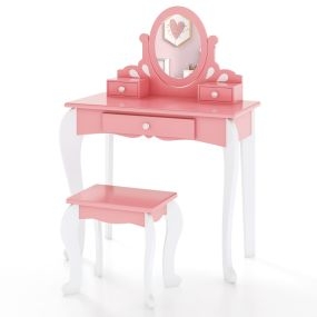 Juego de mesa y silla de tocador para niños 2 en 1 con espejo rotatorio desmontable y cajones rosa