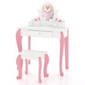 Juego de mesa y silla de tocador para niños 2 en 1 con espejo rotatorio desmontable y cajones blanco