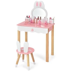 Set mesa tocador y silla para niños con espejo, cajones, estilo conejo, rosa