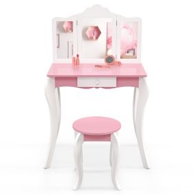 Set de tocador infantil con mesa, silla, espejo tríptico de acrílico y cajón, blanco