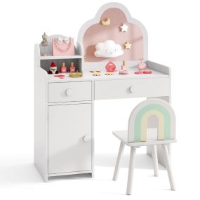 Tocador infantil blanco para niñas con espejo nube, estante, cajones y armario