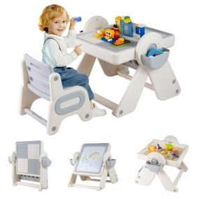 Conjunto de Mesa y Silla para Niños 6 en 1 Multi-actividad Caballete Plegable para Niños con Superficie Reversible y Ranura Gris