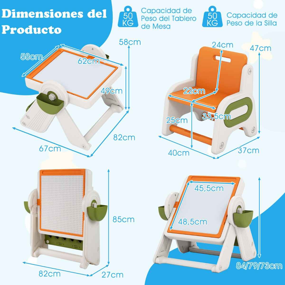 Conjunto de Mesa y Silla para Niños 6 en 1 Multi-actividad Caballete Plegable para Niños con Superficie Reversible y Ranura Naranja