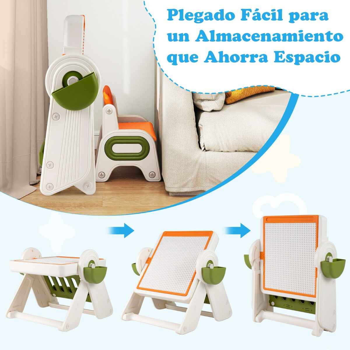 Conjunto de Mesa y Silla para Niños 6 en 1 Multi-actividad Caballete Plegable para Niños con Superficie Reversible y Ranura Naranja