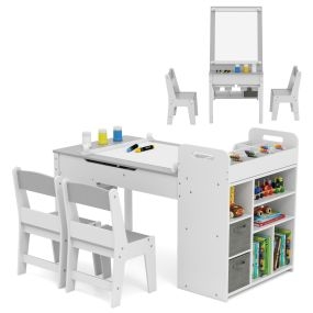 Juego de Mesa y Sillas para Niños con Rollo de Papel Tapa Abatible Estantes Cajas y Organizador Portátil-Gris