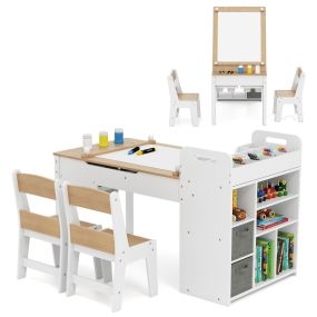 Juego de Mesa y Sillas para Niños con Rollo de Papel Tapa Abatible Estantes Cajas y Organizador Portátil-Natural