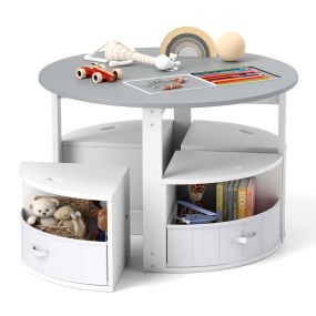 Juego de mesa redonda y 4 taburetes con 4 cajas de tela para actividades y lectura para niños gris