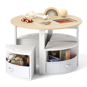 Juego de Mesa Redonda y 4 Taburetes con 4 Cajas de Tela para Actividades Arte Lecturapara Niños-Natural