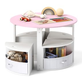 Juego de Mesa Redonda y 4 Taburetes con 4 Cajas de Tela para Actividades Arte Lecturapara Niños Rosa
