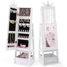 Armario de Joyería para Niños Espejo de Cuerpo Completo con Gran Capacidad de Almacenamiento Espejo de Tocador con Estantes Cajón Blanco