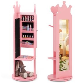 Armario de Joyería para Niños Espejo de Cuerpo Entero de Pie con Base Giratoria y Gran Capacidad de Almacenamiento Perchero Infantil Rosa