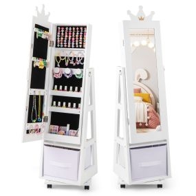 Armario de Joyería para Niños con Espejo de Cuerpo Completo con Cajón Plegable para Niños en Dormitorio 31,5 x 30 x 122 cm Blanco