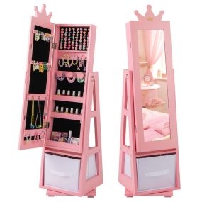 Armario de Joyas para Niños Espejo de Cuerpo Completo Independiente con Gran Capacidad de Almacenamiento y Base Giratoria para Niñas Rosa