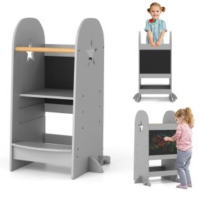 Torre de cocina multifuncional para niños con altura ajustable, pizarra y barandilla de seguridad gris