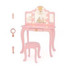 Set de Tocador y Armario de Joyería para Niñas con Espejo Plegable LED y Espejo de Cuerpo Completo Almacenamiento Amplio Rosa