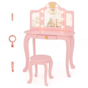 Set de tocador infantil con espejo iluminado plegable, brillo ajustable, mesa y silla princesa, cajón extraíble y taburete rosa