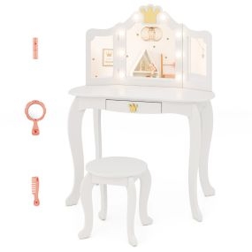 Set de tocador infantil con espejo iluminado plegable, brillo ajustable, mesa, silla, cajón y taburete blanco