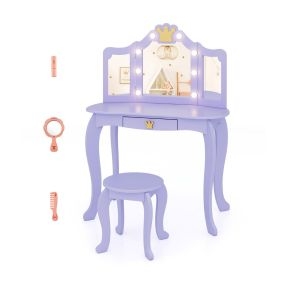 Set de Tocador Infantil con Espejo Iluminado Plegable Brillo Ajustable Juego de Mesa y Silla de Princesa Cajón Extraíble Púrpura
