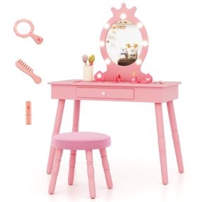 Set de tocador infantil con espejo iluminado, mesa y silla de princesa, brillo ajustable, cajón y taburete acolchado rosa