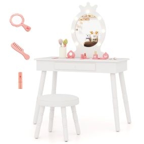 Set de tocador infantil con espejo iluminado, mesa y silla de princesa, brillo ajustable, cajón y taburete acolchado blanco