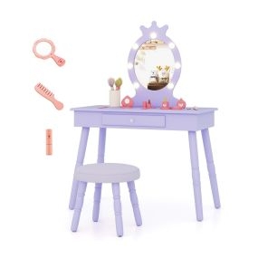 Set de Tocador Infantil con Espejo Iluminado Juego de Mesa y Silla de Princesa con Brillo Ajustable Cajón y Taburete Acolchado Púrpura