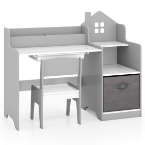 Juego de mesa y silla de estudio infantil gris con estantes abiertos, cajón y contenedor de tela