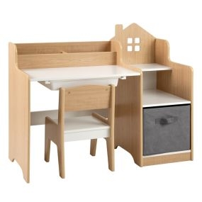 Juego de Mesa y Silla de Estudio para Niños Mesa Infantil con Estantes Abiertos Cajón y Contenedor de Tela Juego de Escritorio Natural