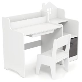 Juego de mesa y silla de estudio infantil blanco con estantes abiertos, cajón y contenedor de tela