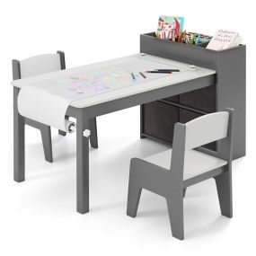 Juego de Mesa y Sillas para Niños Mesa de Dibujo con 2 Sillas Rollos de Papel Estantes Mesa de Actividades en Sala de Juegos Gris