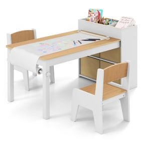 Juego de mesa y sillas para niños con mesa de dibujo, 2 sillas, rollos de papel y estantes, natural