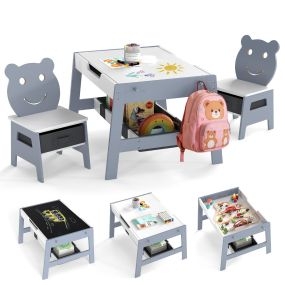 Mesa y 2 Sillas Infantiles Escritorio 5 en 1 con Superficie Reversible Pizarra Blanca y Negra 4 Ganchos Compartimentos Gris