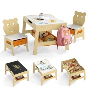 Mesa y 2 Sillas Infantiles Escritorio 5 en 1 con Superficie Reversible Pizarra Blanca y Negra 4 Ganchos Compartimentos Natural