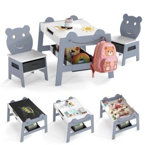 Mesa y 2 Sillas Infantiles 5 en 1 con Tablero Reversible Blanco y Negro 4 Ganchos Compartimentos y Contenedores Gris