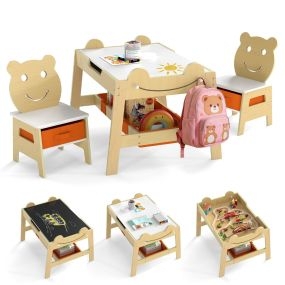 Mesa y 2 Sillas Infantiles 5 en 1 con Tablero Reversible Blanco y Negro 4 Ganchos Compartimentos y Contenedores Natural